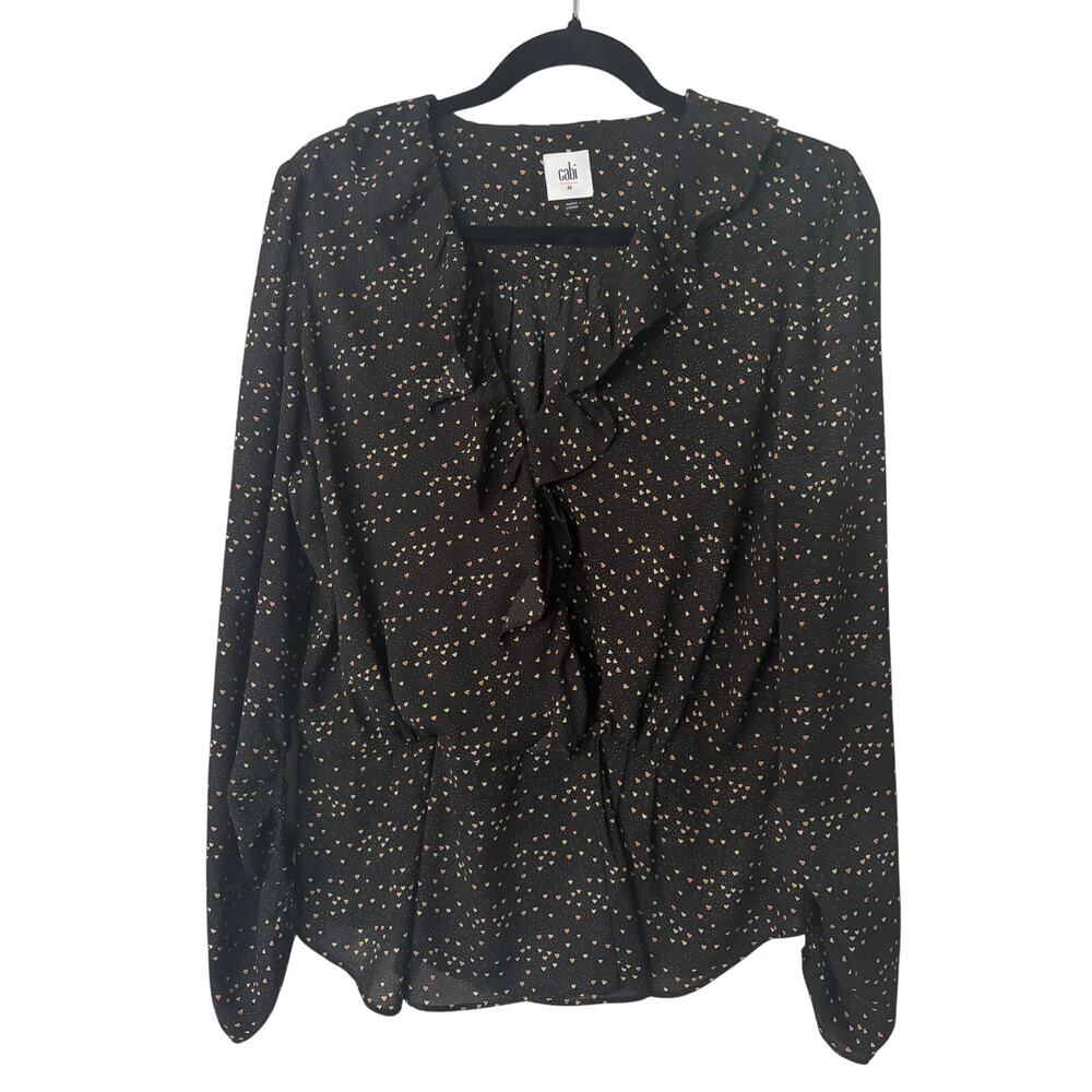 Cabi Eros Ruffled Top Black Mini Heart Micro Dot Print Sz M